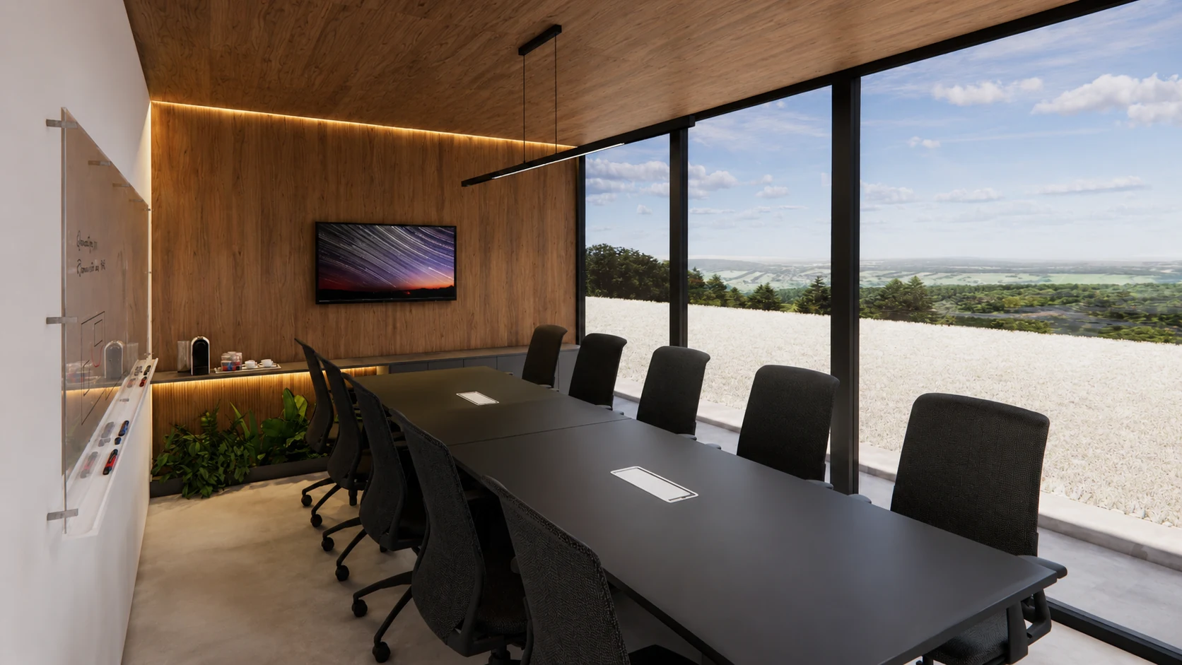 Sala de reunião com mesa ampla e vista panorâmica